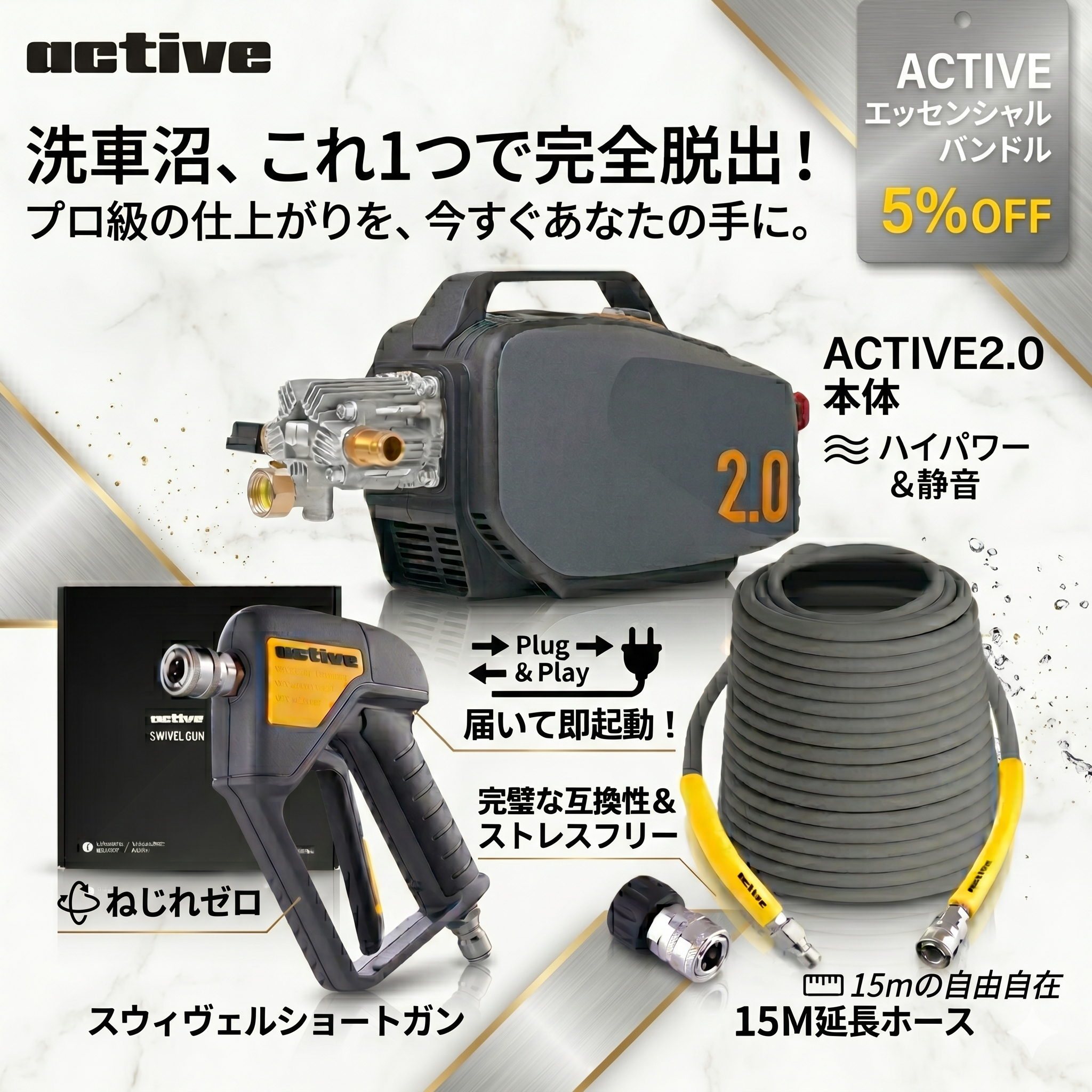 5%OFF】ACTIVE 高圧洗浄機 エッセンシャルバンドル